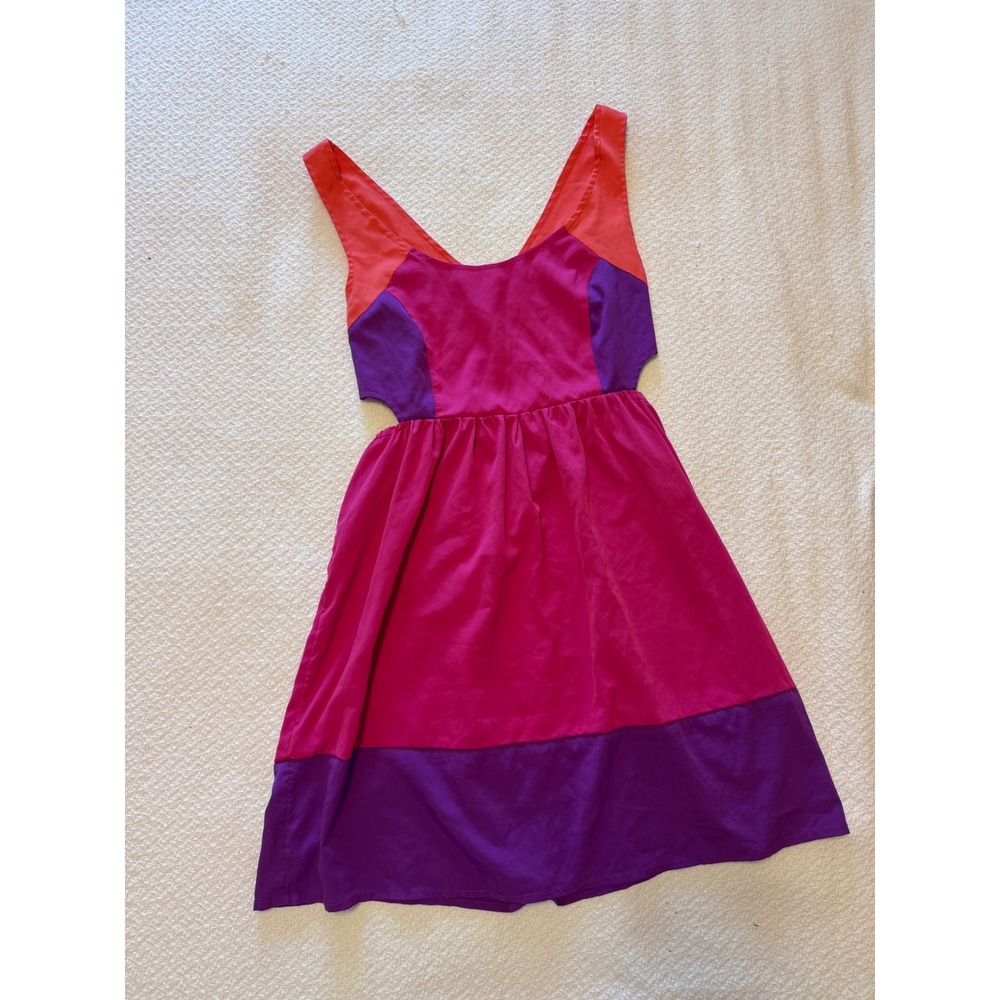 Colorblock Cut Out Mini Dress Pink Purple Orange Sleeveless V-Neck Back Zip